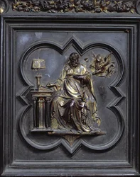 São Marcos Evangelista, painel D das Portas do Norte do Batistério de San Giovanni, 1403-24 (bronze)